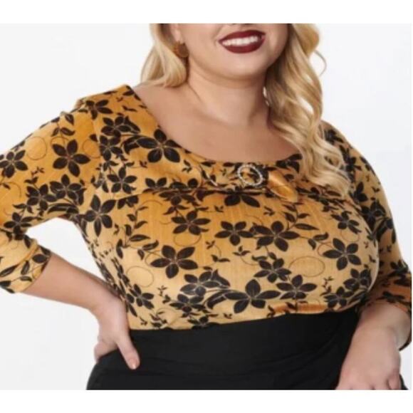 2/$25  UNIQUE VINTAGE SZ L 10-12  velvet floral wide collar bow top blouse - Picture 1 of 8